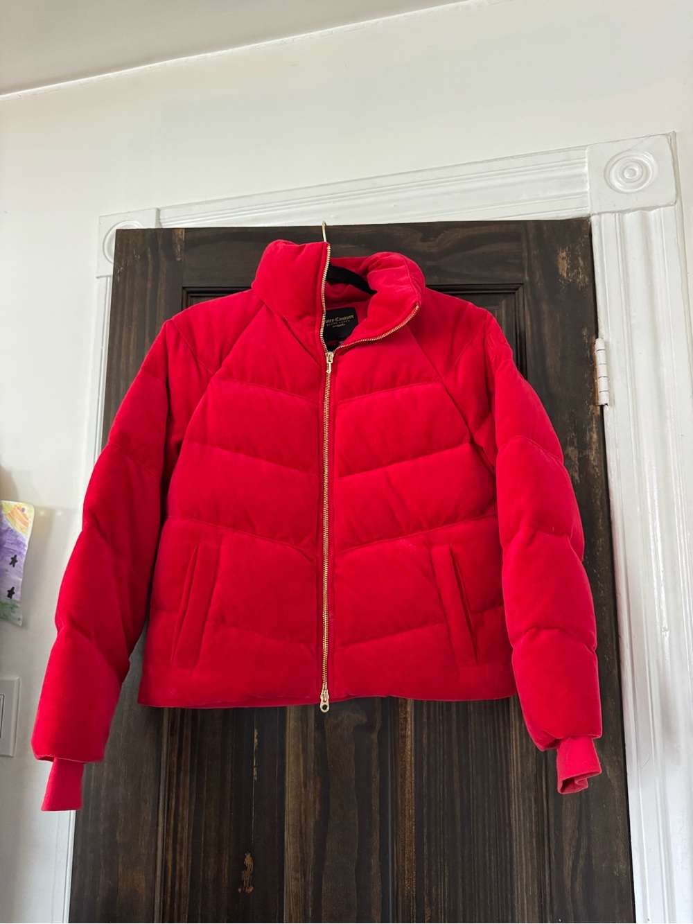 Juicy Couture Red Velour Quilted Puffer Jacket with Gold Zipper
